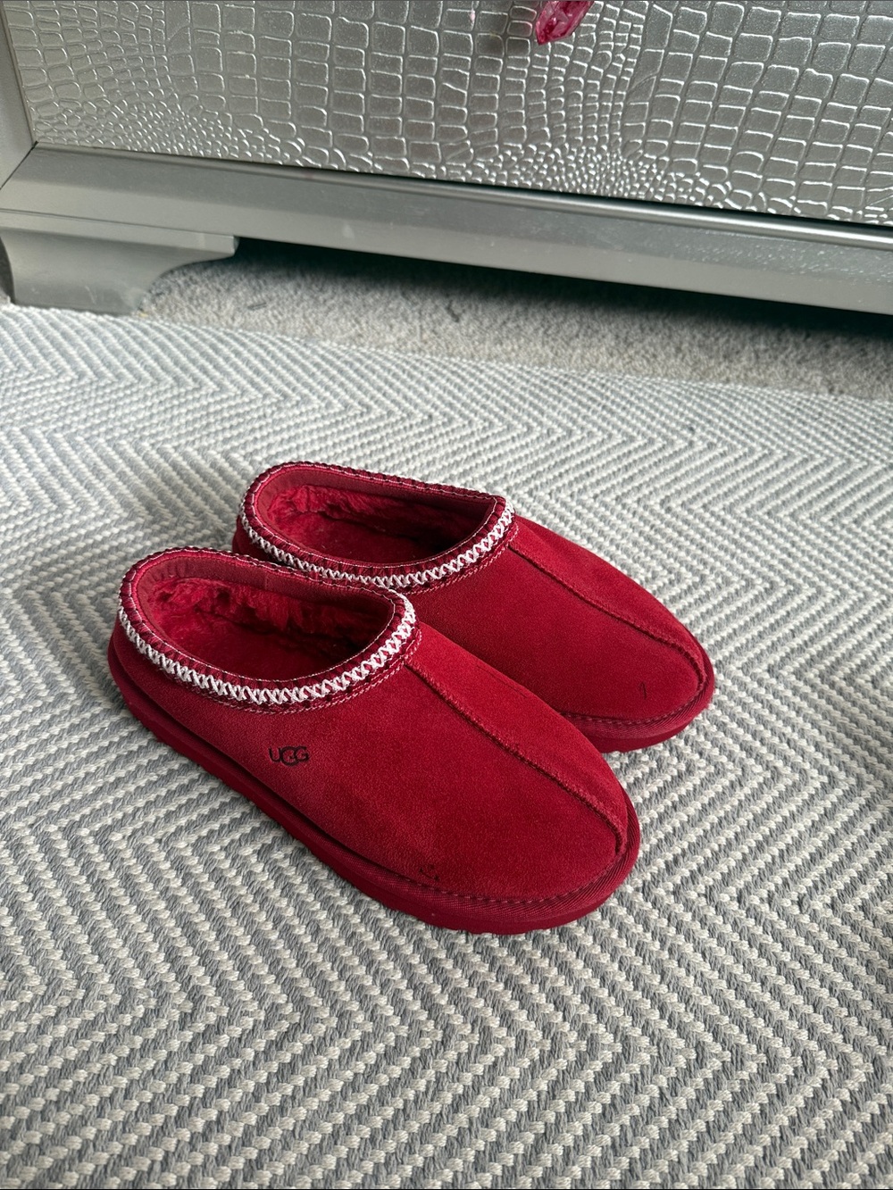 UGG Red Suede Shearling-Lined Slip-On Mules